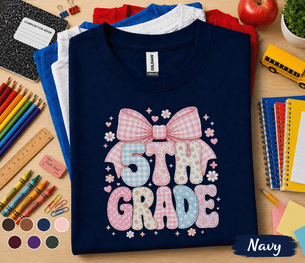 5th Grade Bow Shirt, Coquette Fifth Grade Tee, Pink Bow Back to School Shirt, First Day of School Outfit, Cute Girls 5th Grade Gift Tee