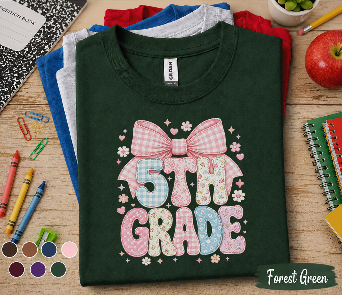 5th Grade Bow Shirt, Coquette Fifth Grade Tee, Pink Bow Back to School Shirt, First Day of School Outfit, Cute Girls 5th Grade Gift Tee