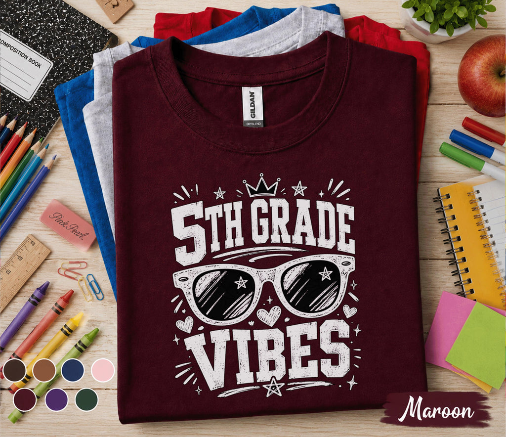 5th Grade Vibes Shirt, Back to School Fifth Grade Tee, First Day of School Shirt, Cool Sunglasses Student Shirt, Trendy Kids School Gift Tee