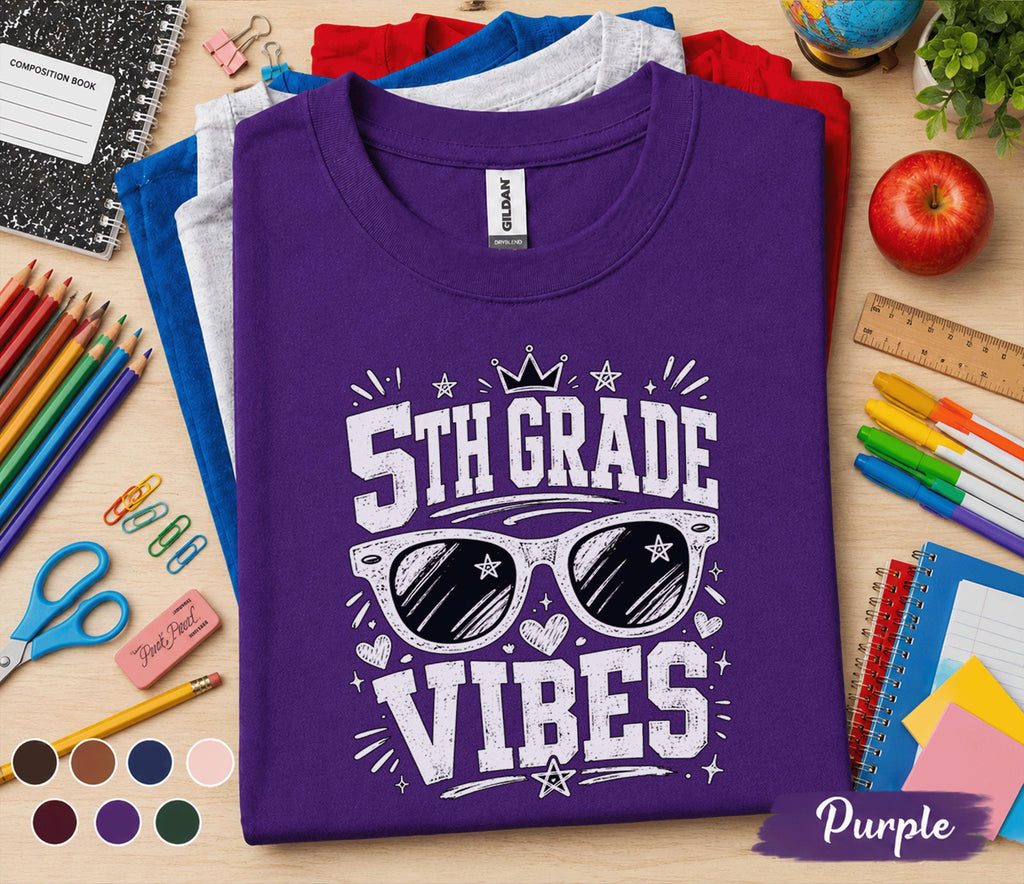 5th Grade Vibes Shirt, Back to School Fifth Grade Tee, First Day of School Shirt, Cool Sunglasses Student Shirt, Trendy Kids School Gift Tee