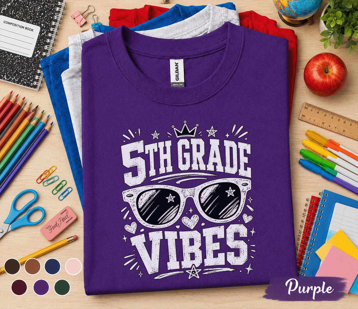 5th Grade Vibes Shirt, Back to School Fifth Grade Tee, First Day of School Shirt, Cool Sunglasses Student Shirt, Trendy Kids School Gift Tee