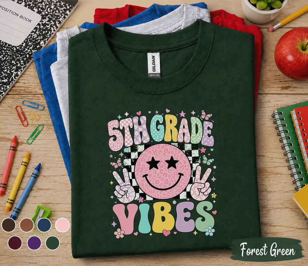 5th Grade Vibes Shirt, Retro Smiley Face Back to School Tee, Cute First Day of Fifth Grade Shirt, Pastel School Outfit, Girls Student Gift