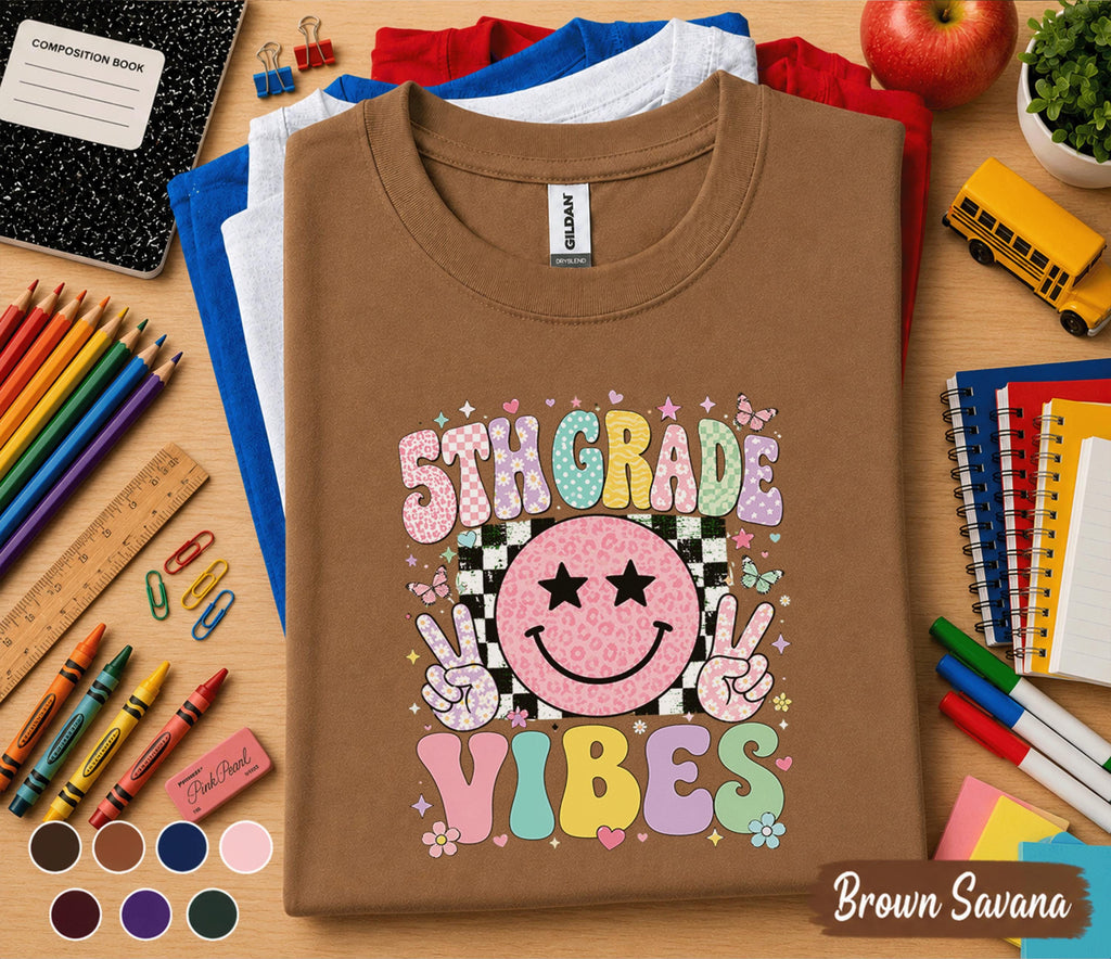 5th Grade Vibes Shirt, Retro Smiley Face Back to School Tee, Cute First Day of Fifth Grade Shirt, Pastel School Outfit, Girls Student Gift