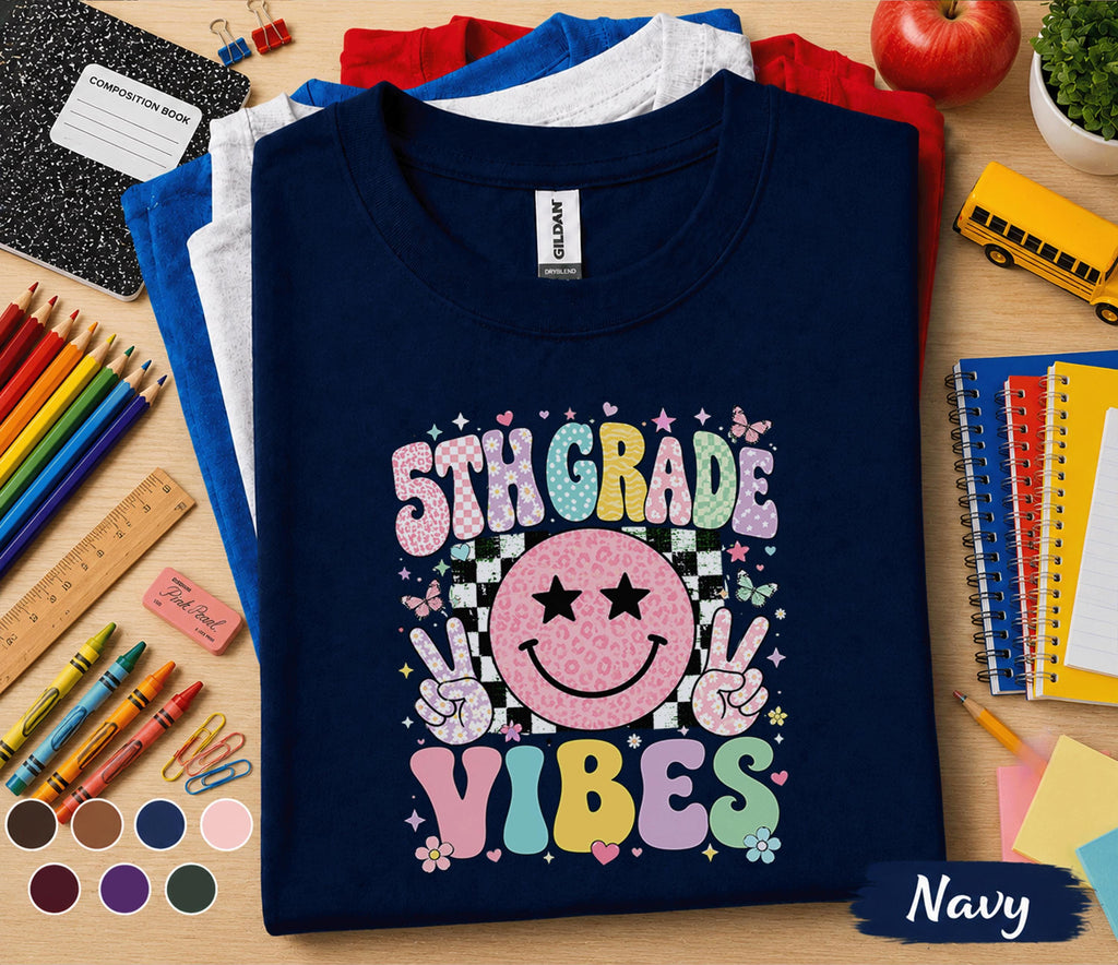 5th Grade Vibes Shirt, Retro Smiley Face Back to School Tee, Cute First Day of Fifth Grade Shirt, Pastel School Outfit, Girls Student Gift