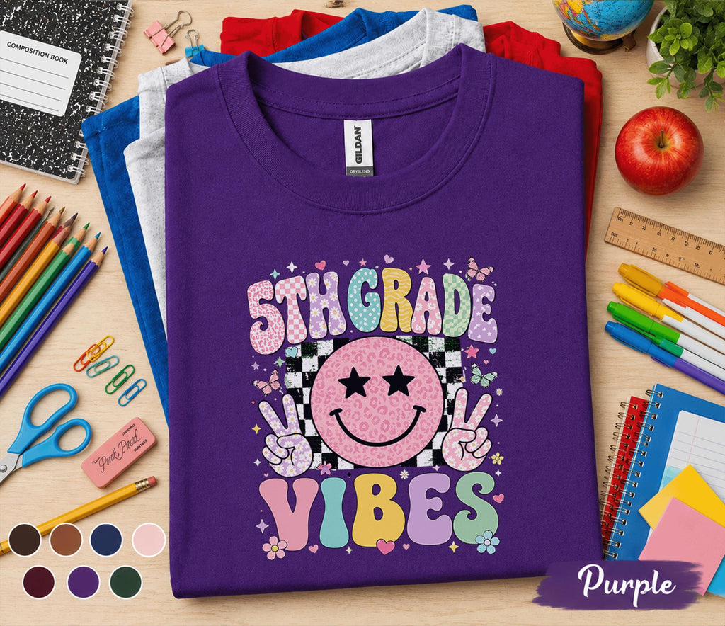 5th Grade Vibes Shirt, Retro Smiley Face Back to School Tee, Cute First Day of Fifth Grade Shirt, Pastel School Outfit, Girls Student Gift