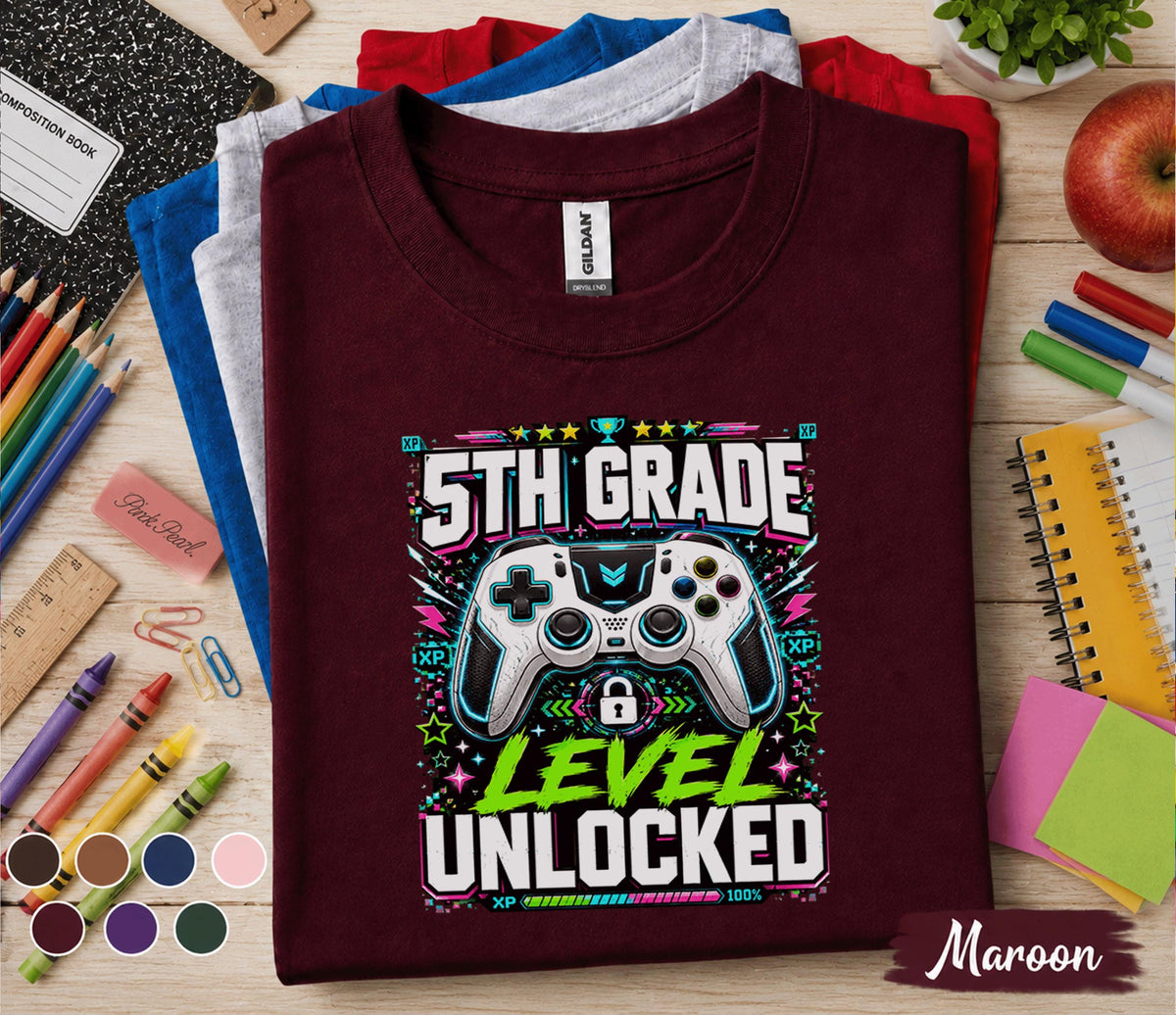 5th Grade Level Unlocked Shirt, Gamer Back to School Tee, First Day of Fifth Grade Gaming Shirt, Video Game Controller Student Gift