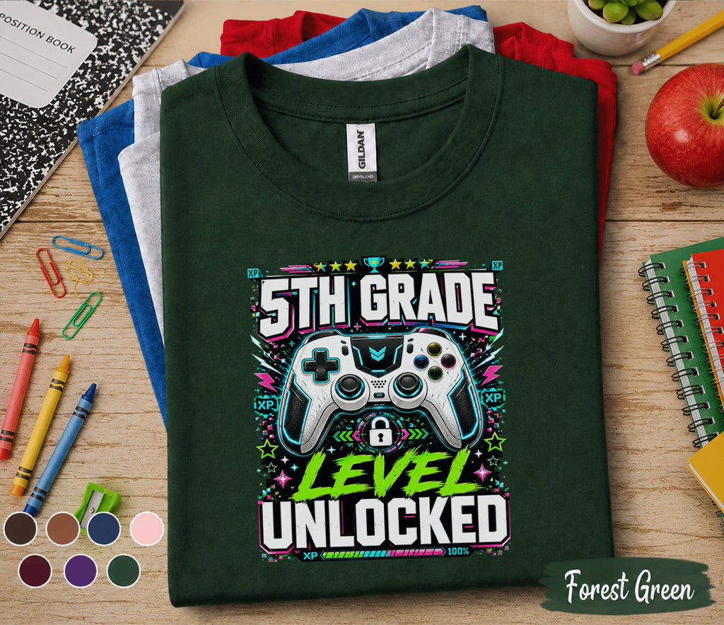5th Grade Level Unlocked Shirt, Gamer Back to School Tee, First Day of Fifth Grade Gaming Shirt, Video Game Controller Student Gift