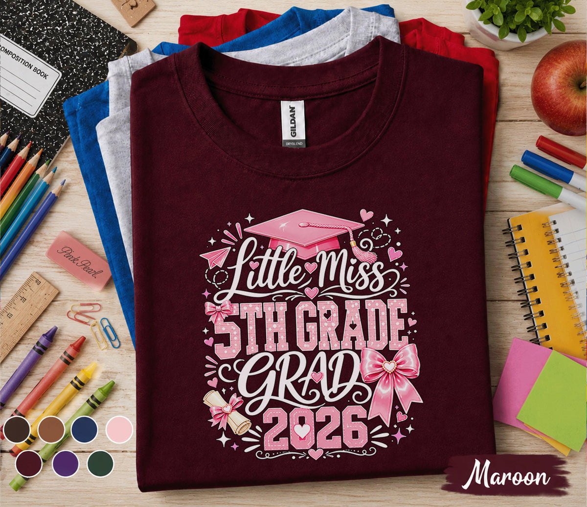 Little Miss 5th Grade Shirt 2026, First Day of School Shirt, Cute Fifth Grade Girl Tee, Back to School Outfit, Pink Graduation Cap Gift