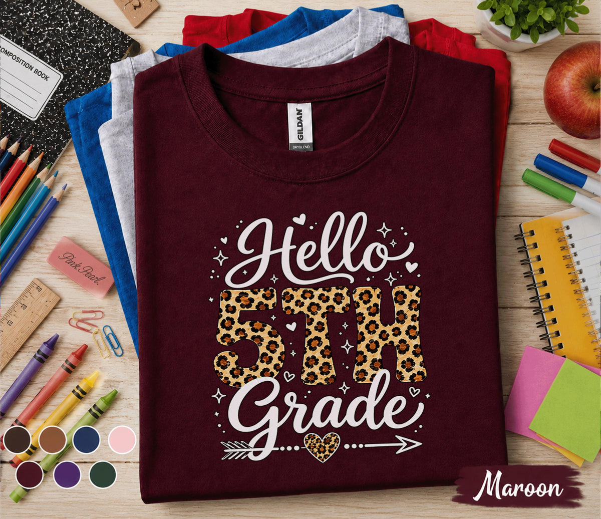 Hello 5th Grade Shirt, First Day of Fifth Grade Shirt, Leopard Print Back to School Tee, 5th Grade Student Shirt, Girl School Outfit Gift