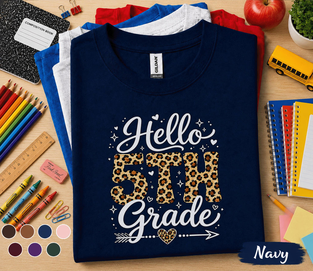 Hello 5th Grade Shirt, First Day of Fifth Grade Shirt, Leopard Print Back to School Tee, 5th Grade Student Shirt, Girl School Outfit Gift
