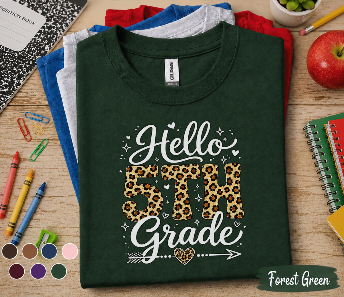 Hello 5th Grade Shirt, First Day of Fifth Grade Shirt, Leopard Print Back to School Tee, 5th Grade Student Shirt, Girl School Outfit Gift