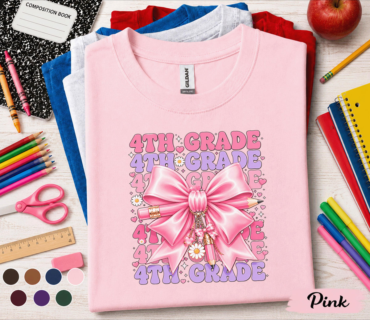 4th Grade Shirt, Cute Pink Bow Fourth Grade Back to School Shirt, First Day of School Tee for Girls, Coquette 4th Grade Student Gift