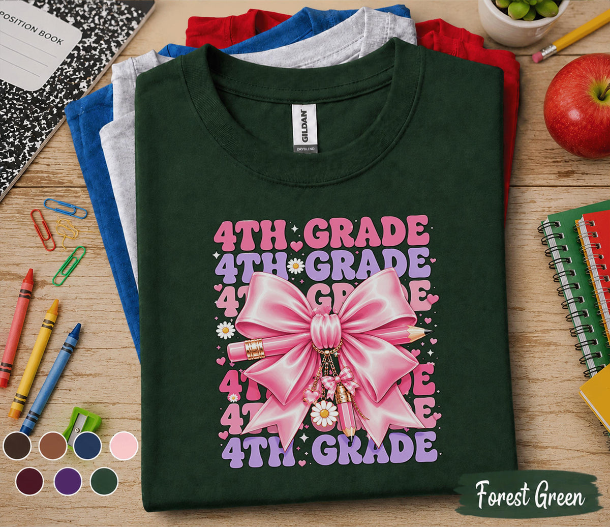 4th Grade Shirt, Cute Pink Bow Fourth Grade Back to School Shirt, First Day of School Tee for Girls, Coquette 4th Grade Student Gift
