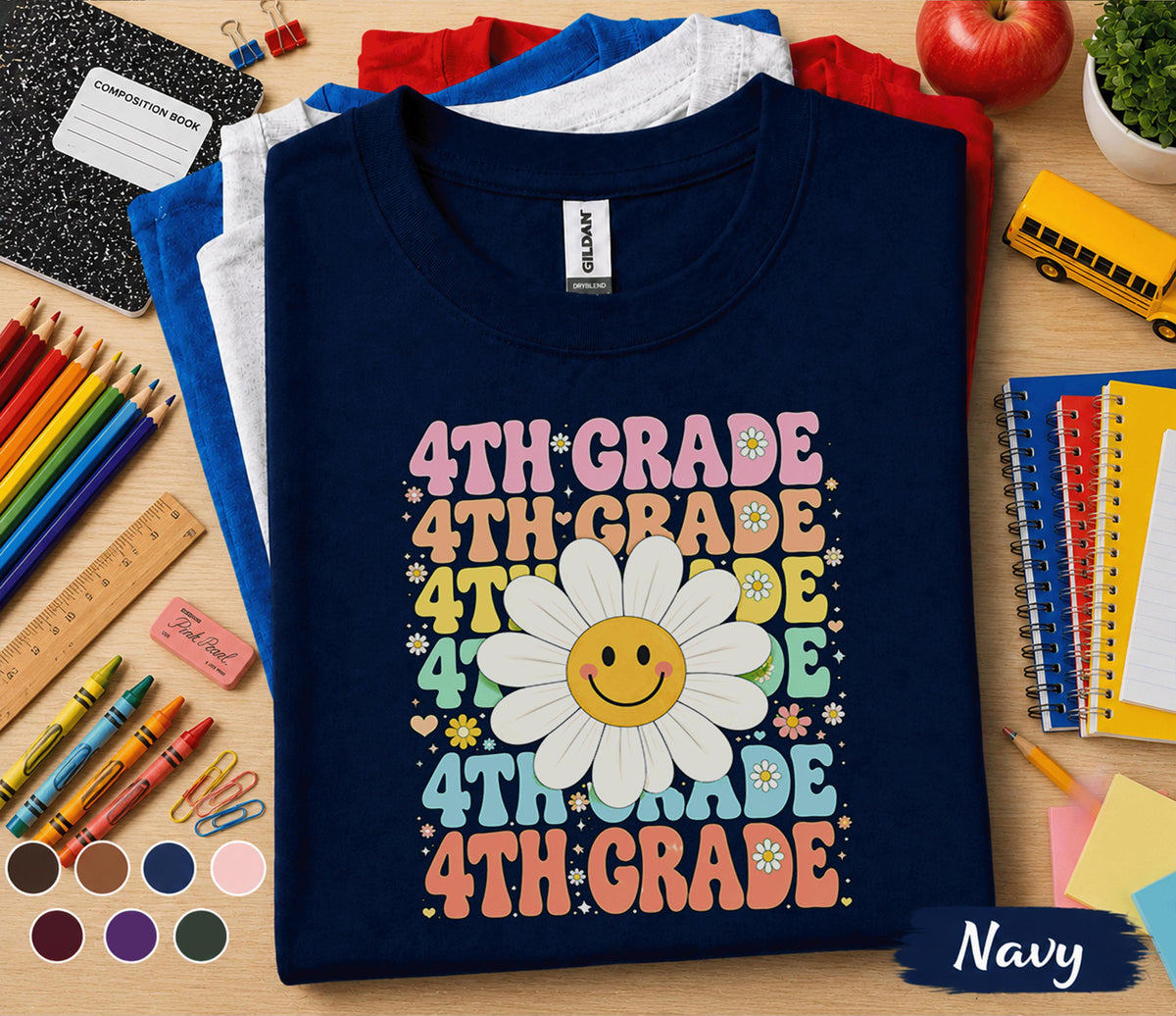 4th Grade Daisy Smiley Face Shirt, Retro Back to School Tee, First Day of Fourth Grade Shirt, Cute Kids School Outfit