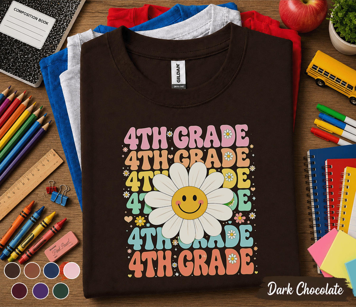4th Grade Daisy Smiley Face Shirt, Retro Back to School Tee, First Day of Fourth Grade Shirt, Cute Kids School Outfit