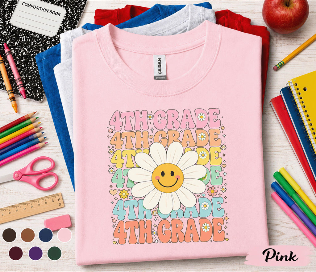 4th Grade Daisy Smiley Face Shirt, Retro Back to School Tee, First Day of Fourth Grade Shirt, Cute Kids School Outfit