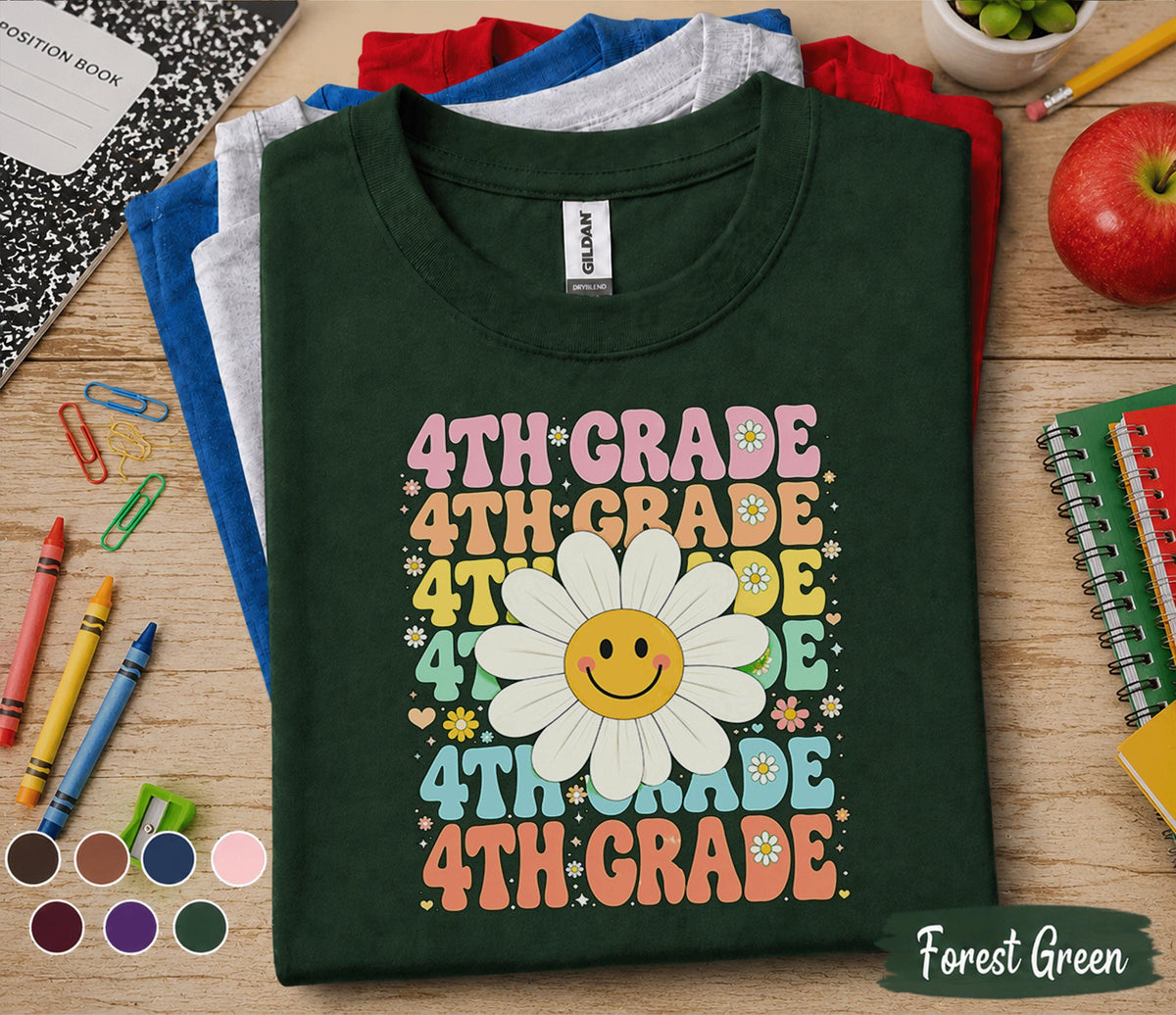 4th Grade Daisy Smiley Face Shirt, Retro Back to School Tee, First Day of Fourth Grade Shirt, Cute Kids School Outfit