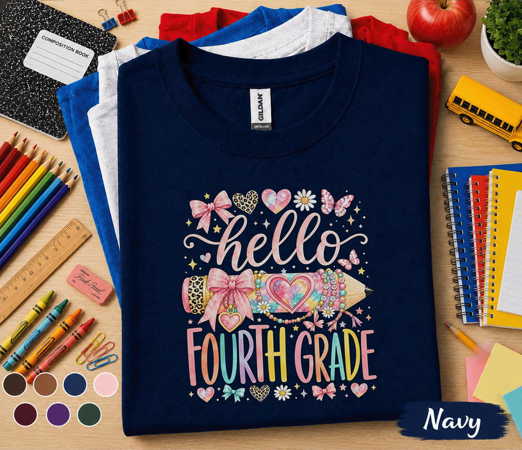 Hello Fourth Grade Shirt for Girls, Cute Back to School Tee, First Day of 4th Grade Shirt, Pink Bow Pencil Student Shirt