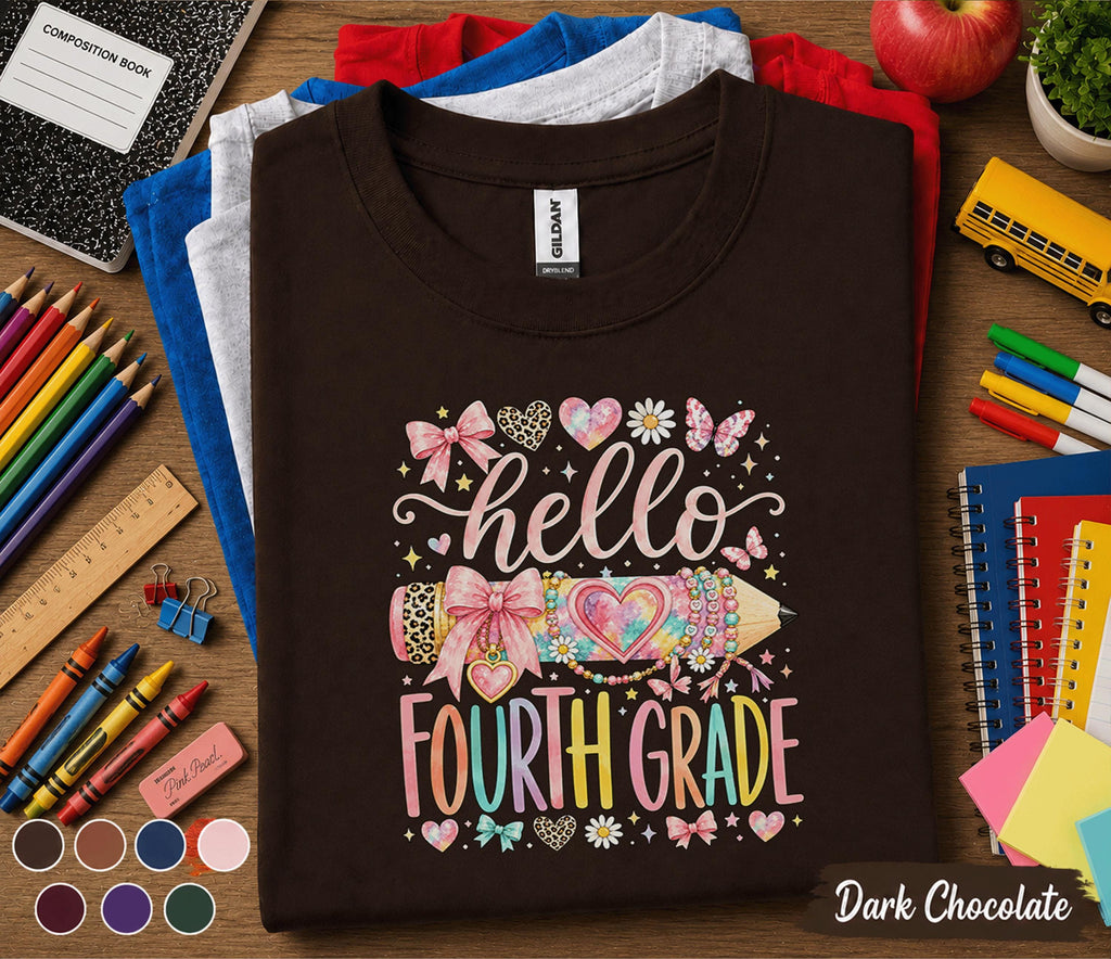 Hello Fourth Grade Shirt for Girls, Cute Back to School Tee, First Day of 4th Grade Shirt, Pink Bow Pencil Student Shirt