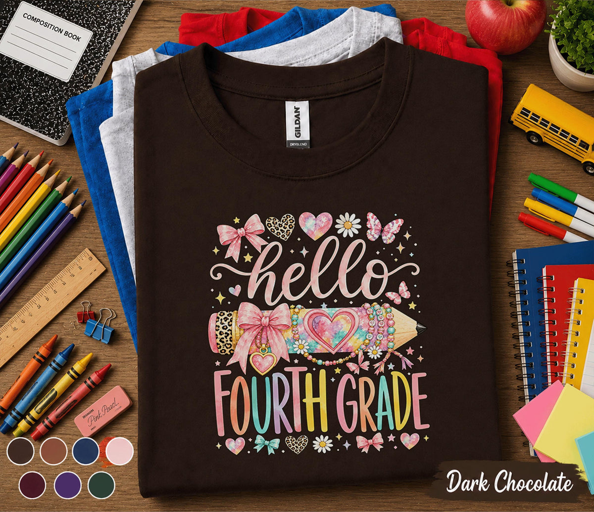 Hello Fourth Grade Shirt for Girls, Cute Back to School Tee, First Day of 4th Grade Shirt, Pink Bow Pencil Student Shirt