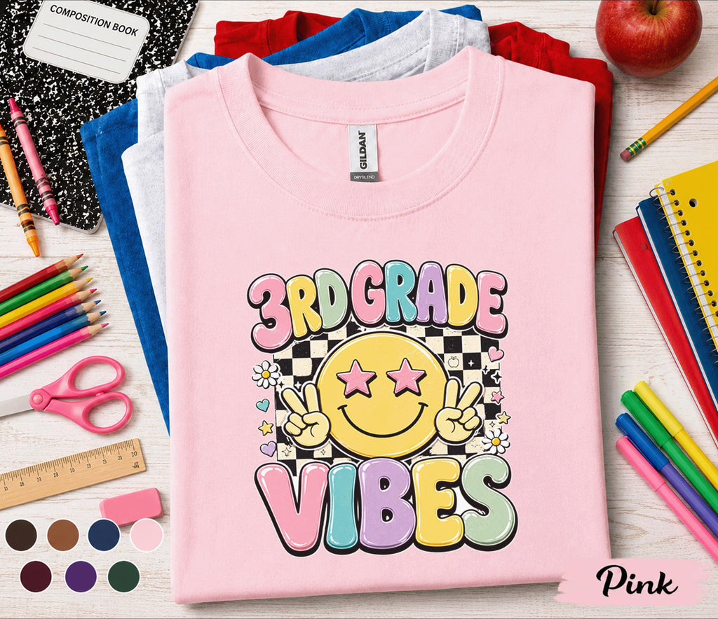 3rd Grade Vibes Shirt, First Day of 3rd Grade Tee, Retro Smiley Face Back to School Shirt, Cute Third Grade Student Gift