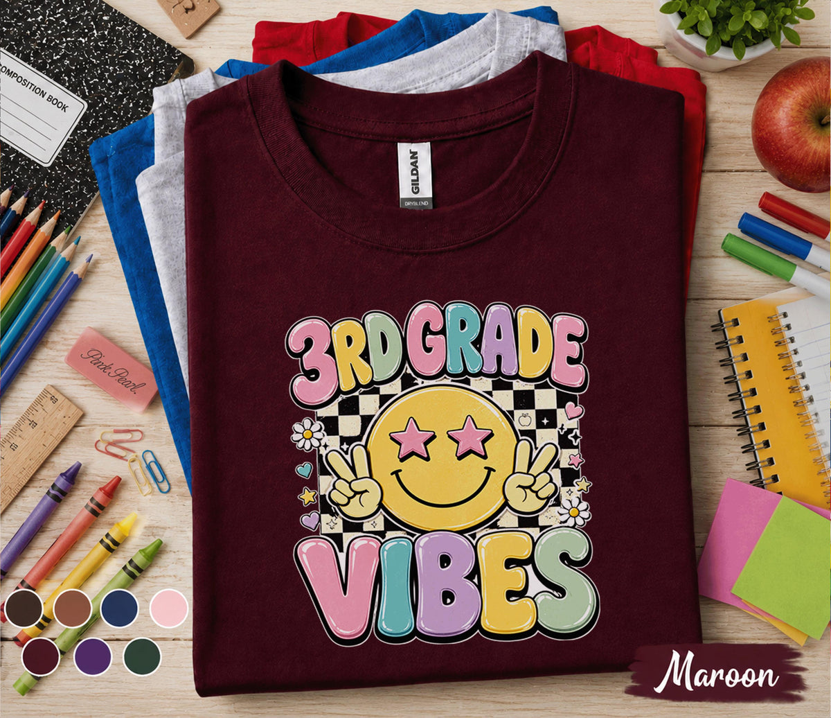 3rd Grade Vibes Shirt, First Day of 3rd Grade Tee, Retro Smiley Face Back to School Shirt, Cute Third Grade Student Gift