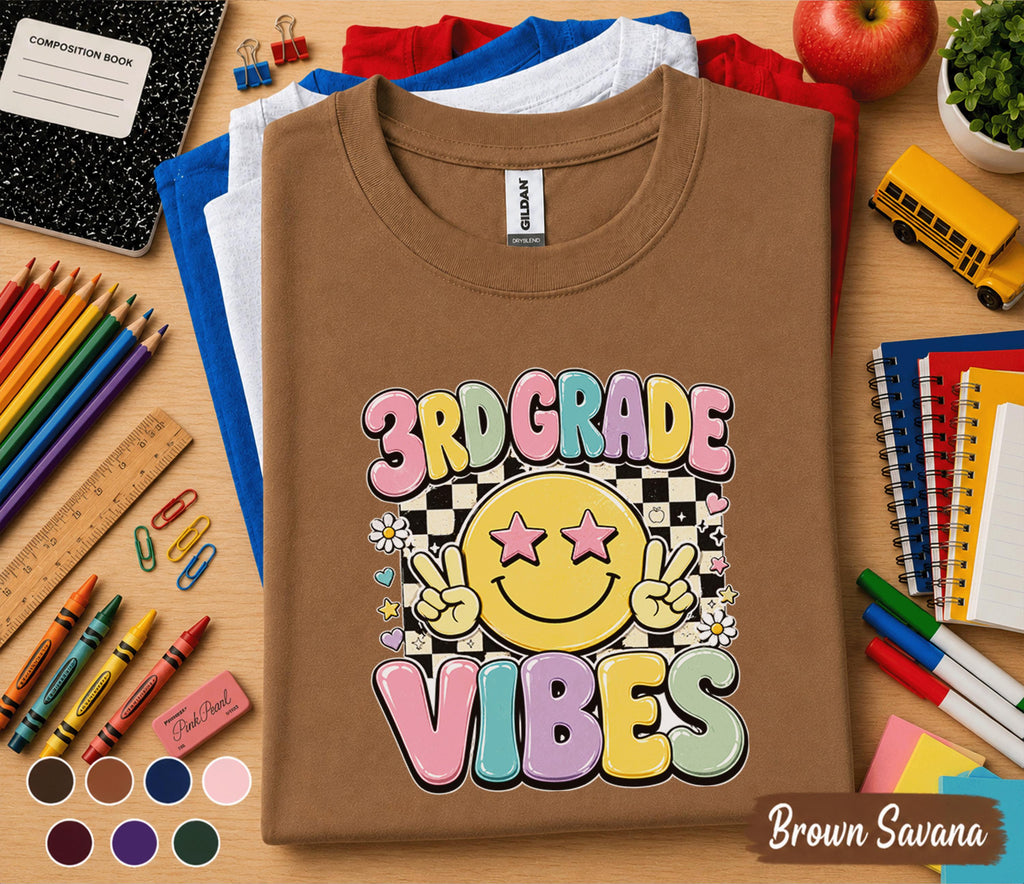 3rd Grade Vibes Shirt, First Day of 3rd Grade Tee, Retro Smiley Face Back to School Shirt, Cute Third Grade Student Gift