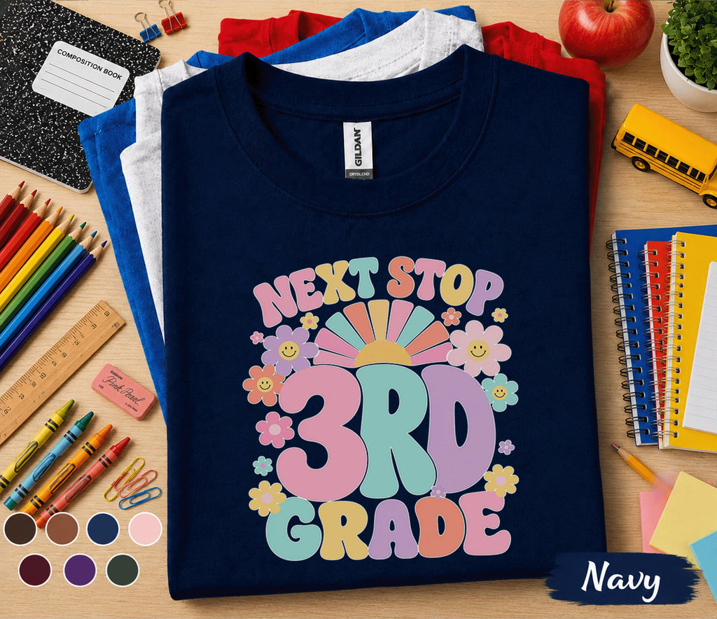 Next Stop 3rd Grade Shirt, Retro Back to School Tee, First Day of Third Grade Shirt, Cute Smiley Flower Student Gift, Kids School Shirt