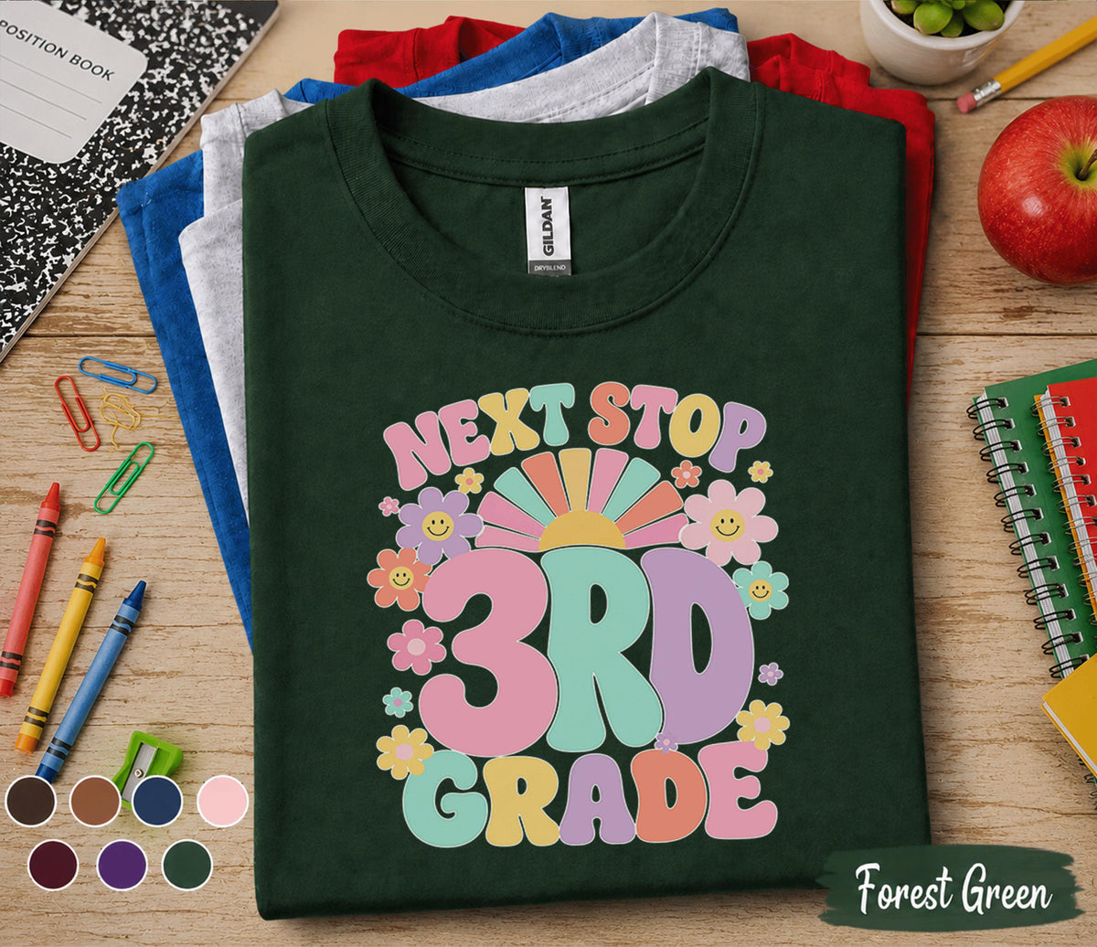 Next Stop 3rd Grade Shirt, Retro Back to School Tee, First Day of Third Grade Shirt, Cute Smiley Flower Student Gift, Kids School Shirt
