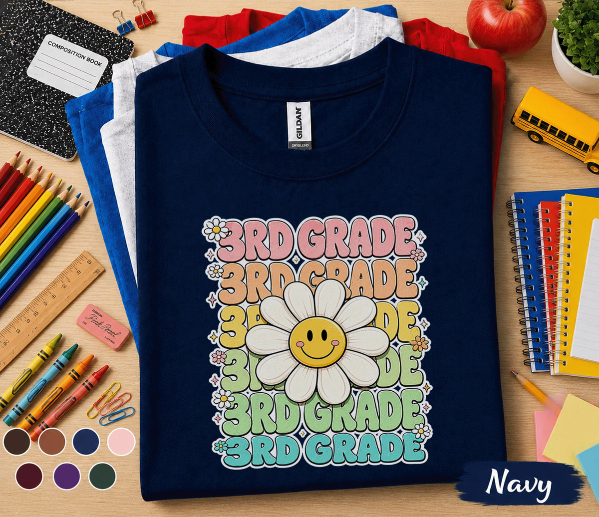 3rd Grade Smiley Daisy Shirt, Retro Back to School Tee, First Day of Third Grade Shirt, Cute Flower Student Gift, Groovy Kids School Shirt