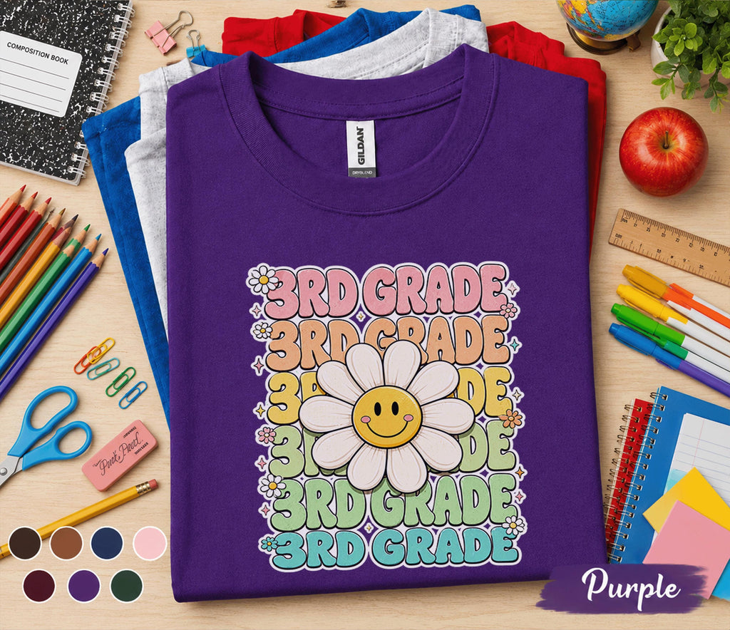 3rd Grade Smiley Daisy Shirt, Retro Back to School Tee, First Day of Third Grade Shirt, Cute Flower Student Gift, Groovy Kids School Shirt