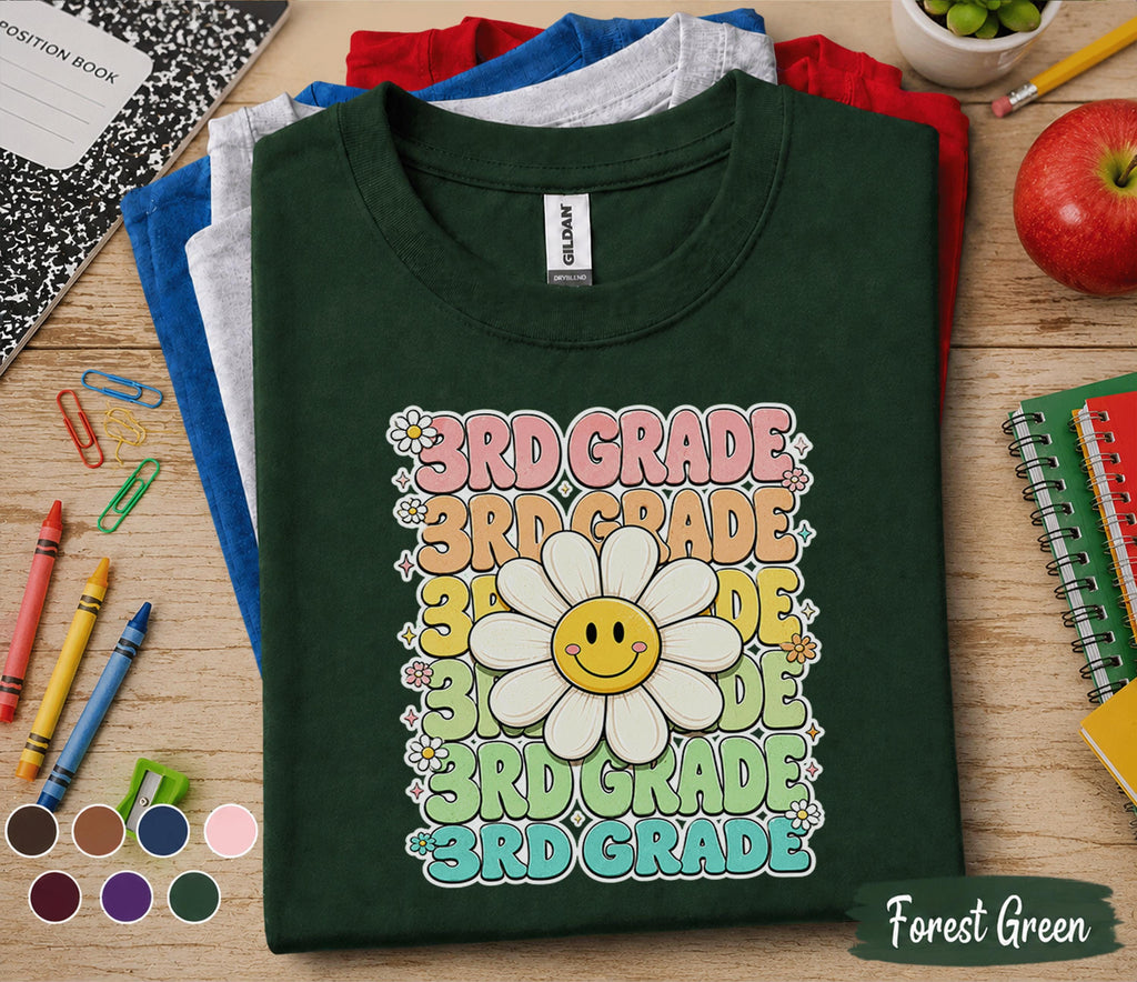 3rd Grade Smiley Daisy Shirt, Retro Back to School Tee, First Day of Third Grade Shirt, Cute Flower Student Gift, Groovy Kids School Shirt