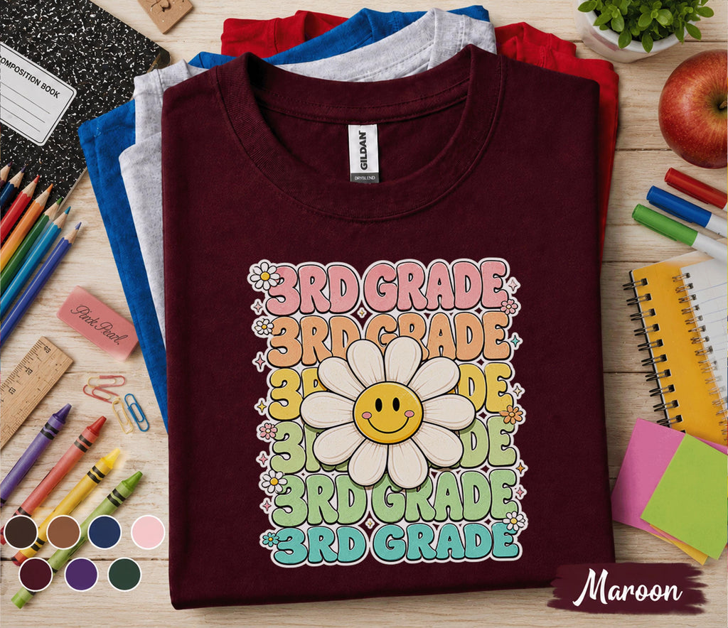 3rd Grade Smiley Daisy Shirt, Retro Back to School Tee, First Day of Third Grade Shirt, Cute Flower Student Gift, Groovy Kids School Shirt