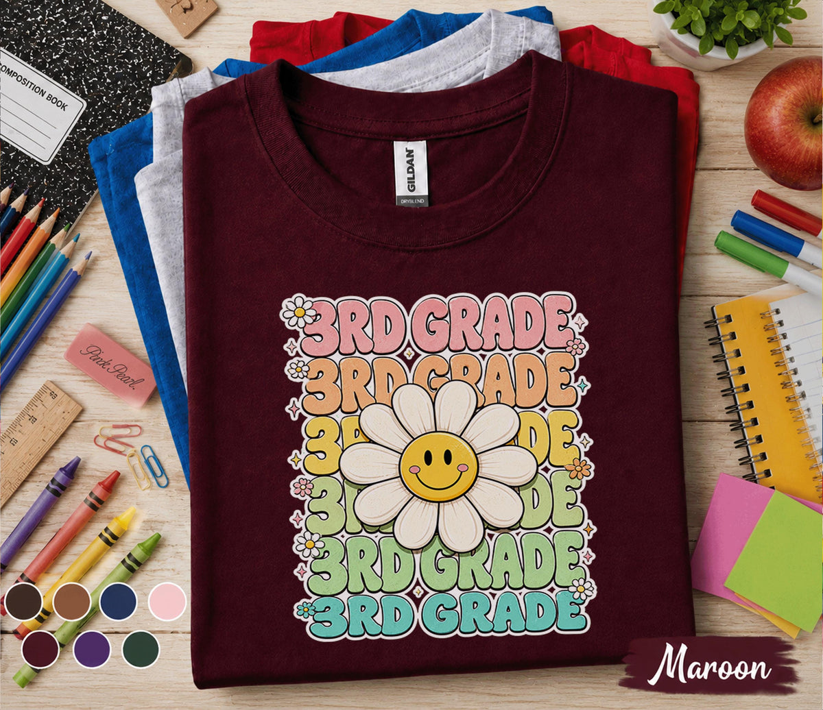 3rd Grade Smiley Daisy Shirt, Retro Back to School Tee, First Day of Third Grade Shirt, Cute Flower Student Gift, Groovy Kids School Shirt
