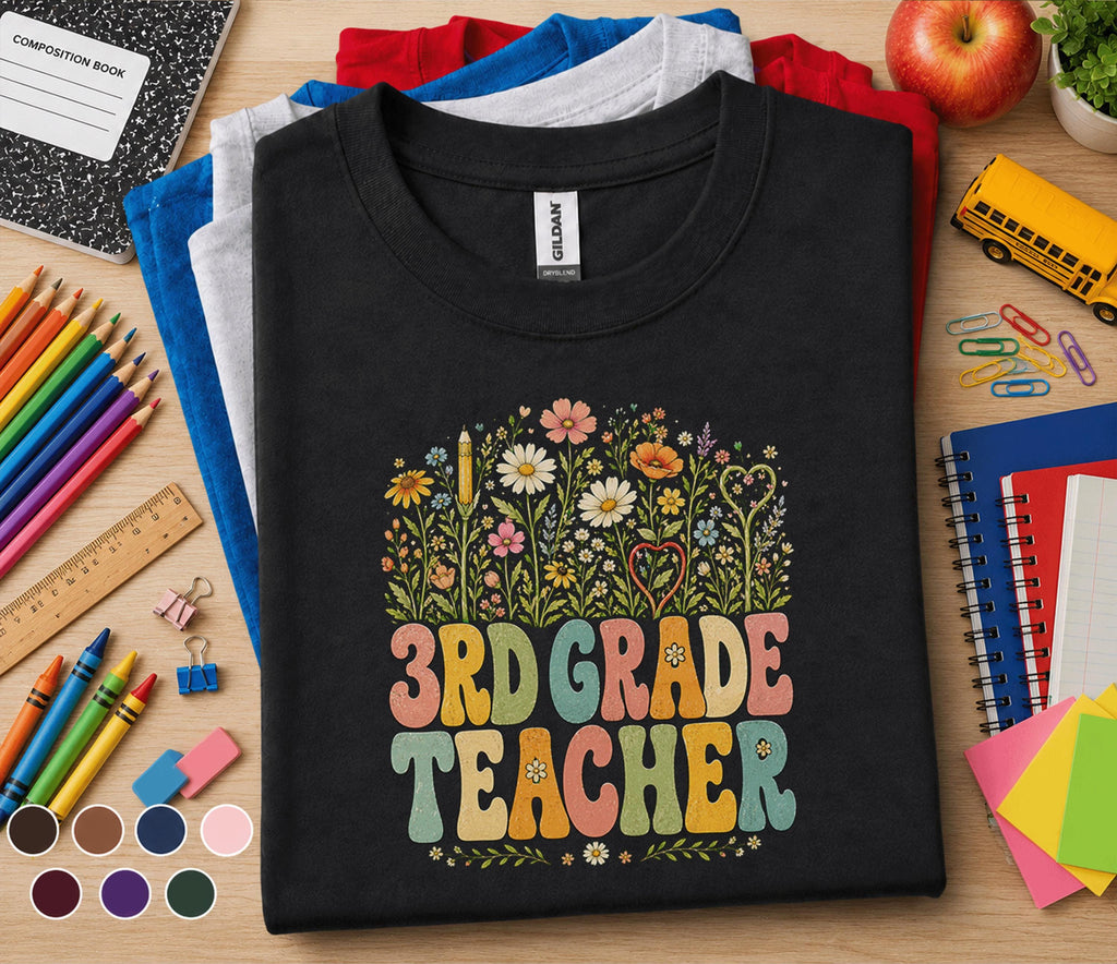 3rd Grade Teacher Shirt, Retro Floral Teacher Tee