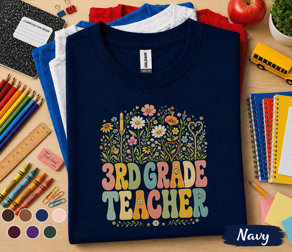 3rd Grade Teacher Shirt, Retro Floral Teacher Tee, Third Grade Teacher Wildflower Shirt, Back to School Teacher Gift Idea