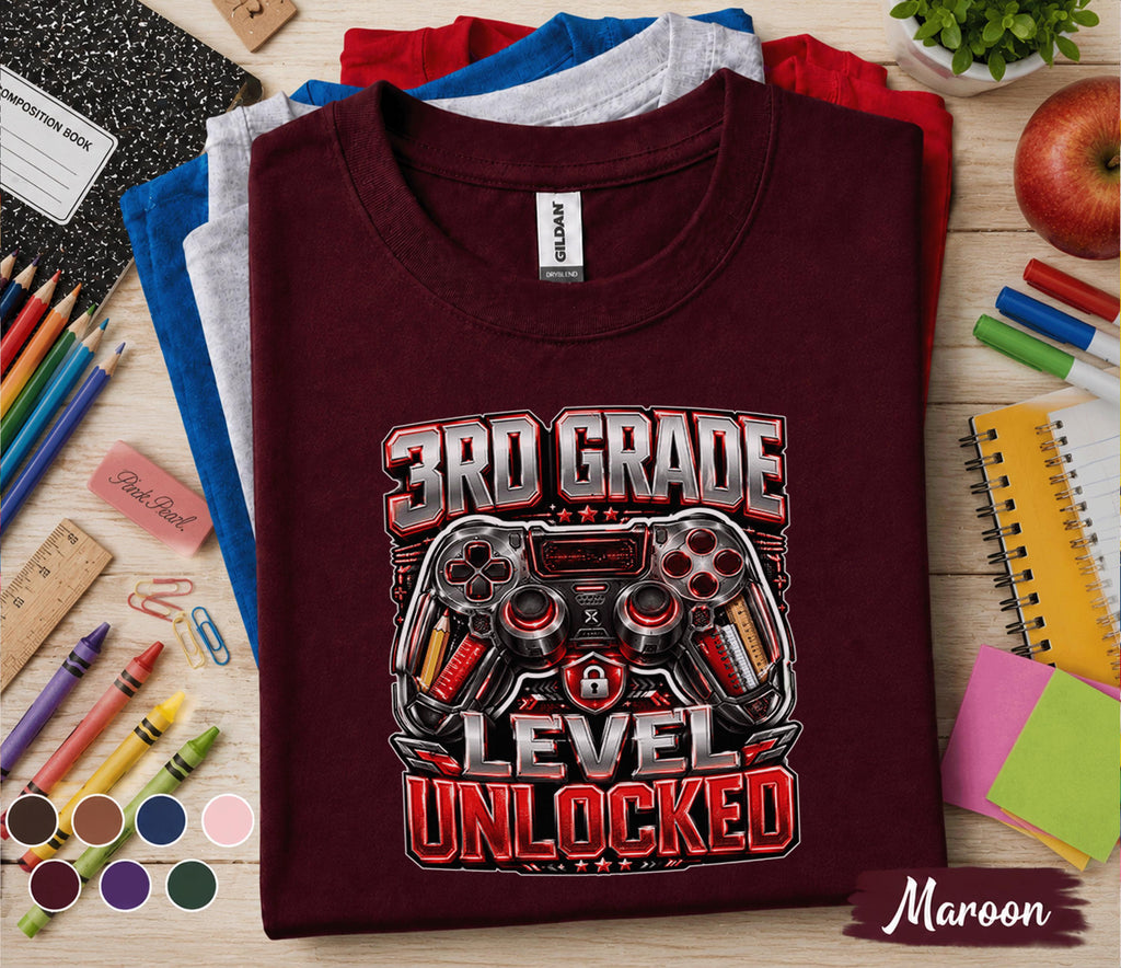 3rd Grade Level Unlocked Shirt, Gamer Back to School Tee, First Day of Third Grade Gaming Shirt, Video Game Controller Student Gift