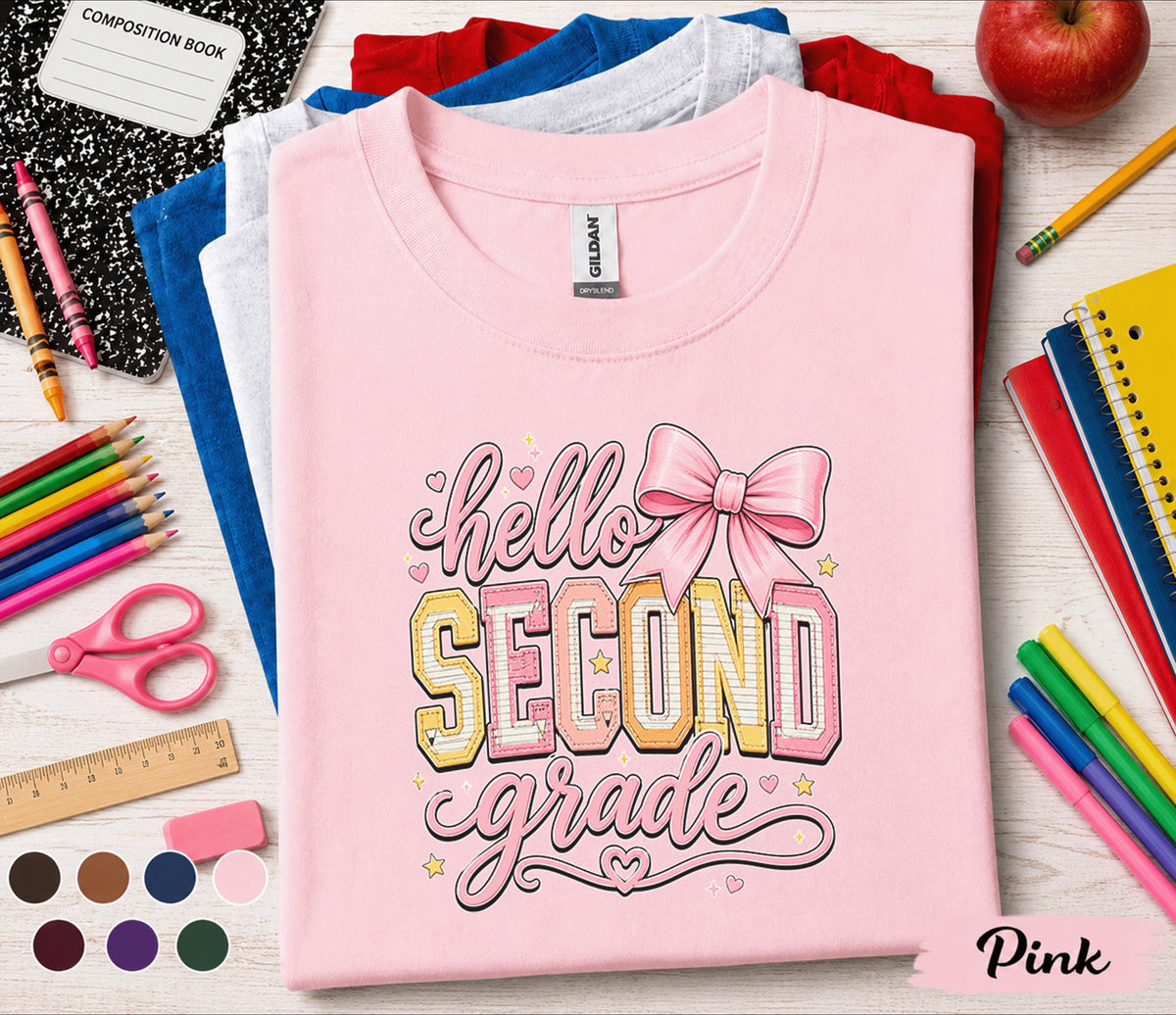 Hello Second Grade Shirt, Cute Back to School Girl Tee, First Day of 2nd Grade Shirt with Pink Bow, Second Grade Student Outfit