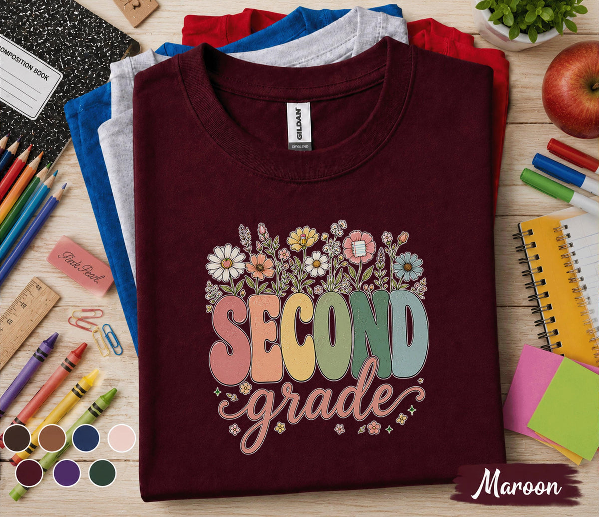 Second Grade Floral Shirt, Teacher Back to School Tee, First Day of School Wildflower Grade 2 Shirt, Cute Second Grade Student Gift for Girl