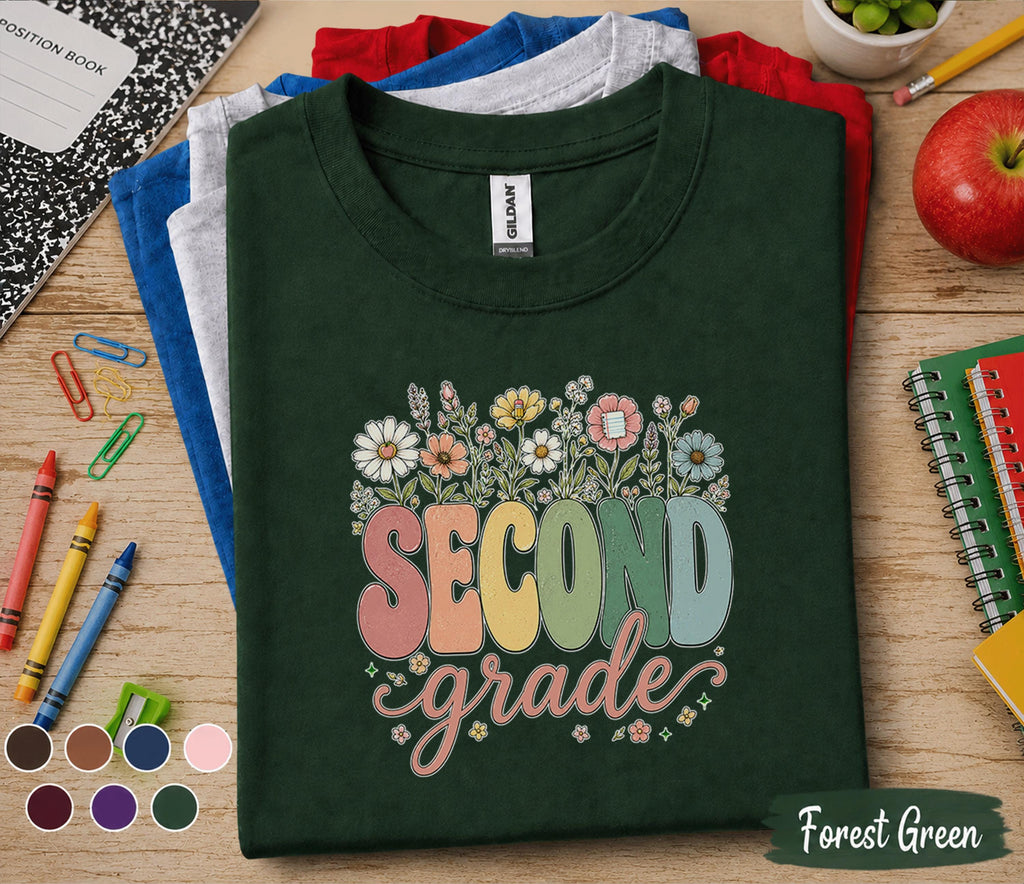 Second Grade Floral Shirt, Teacher Back to School Tee, First Day of School Wildflower Grade 2 Shirt, Cute Second Grade Student Gift for Girl