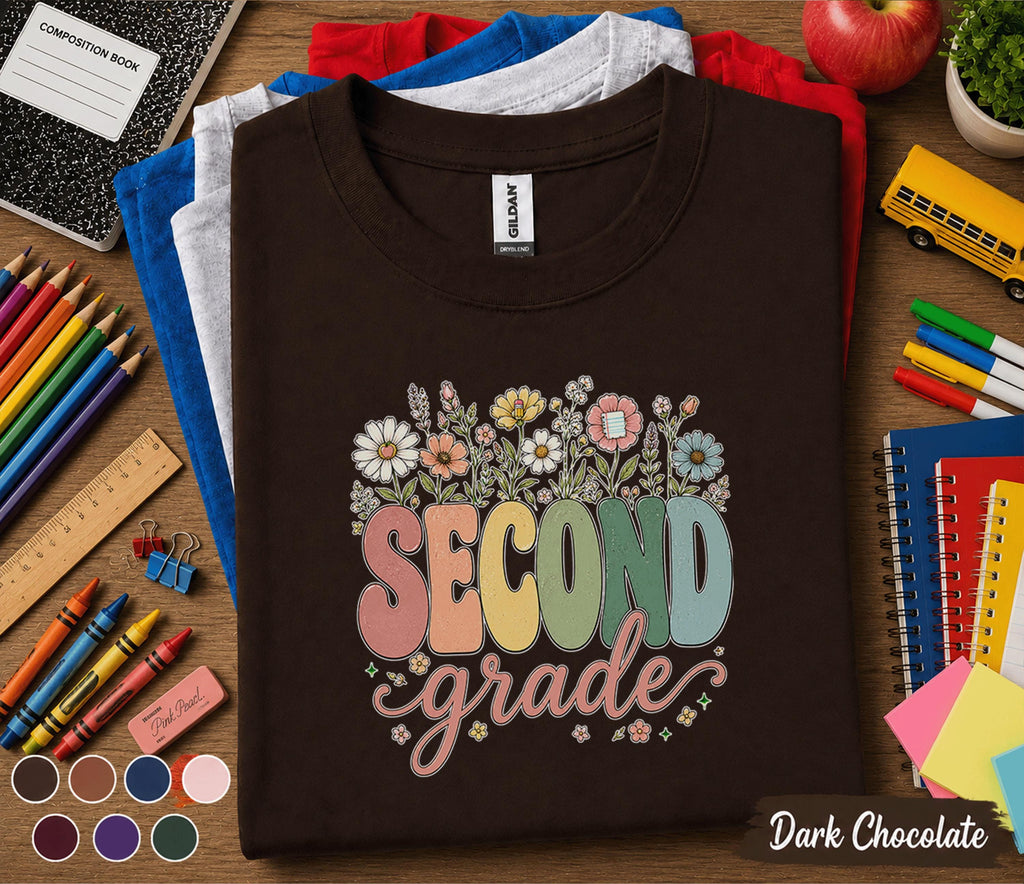 Second Grade Floral Shirt, Teacher Back to School Tee, First Day of School Wildflower Grade 2 Shirt, Cute Second Grade Student Gift for Girl