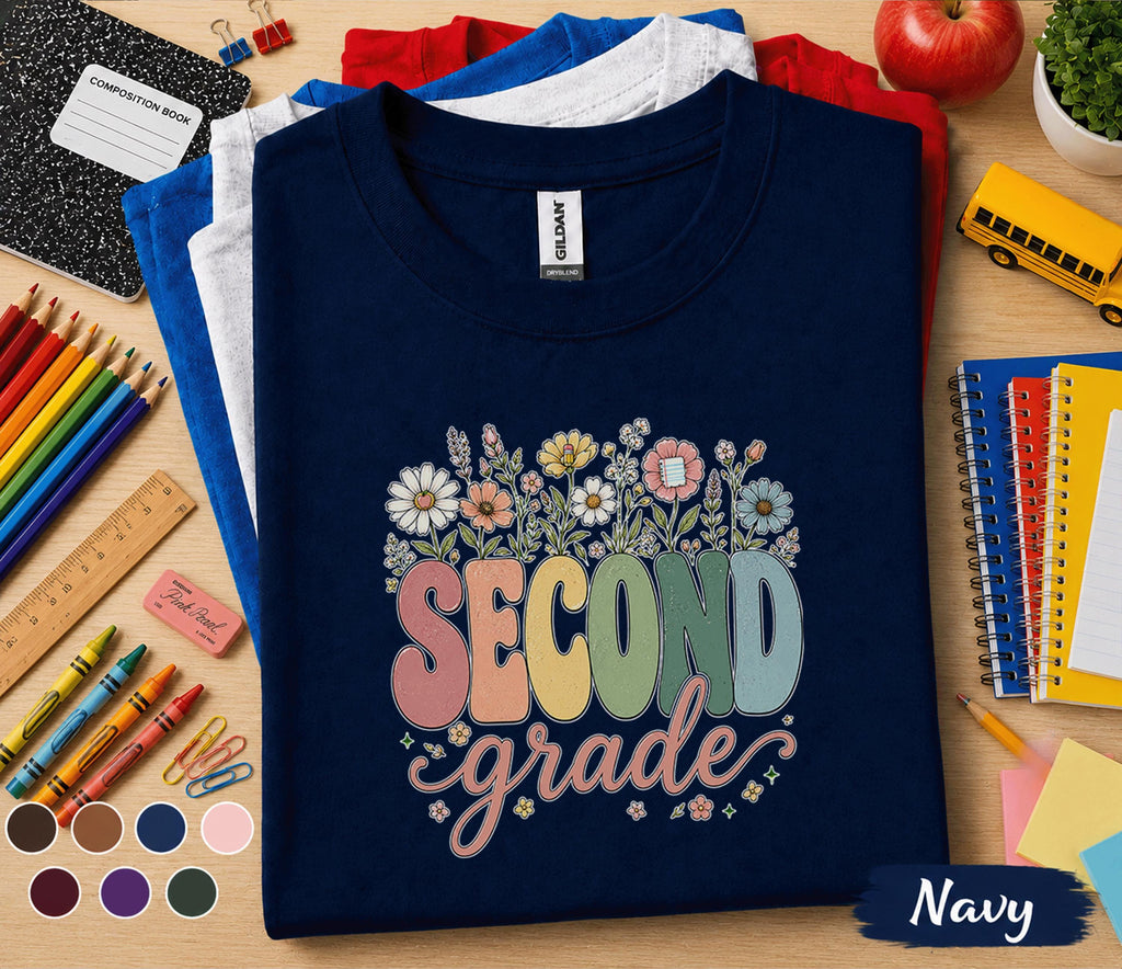 Second Grade Floral Shirt, Teacher Back to School Tee, First Day of School Wildflower Grade 2 Shirt, Cute Second Grade Student Gift for Girl