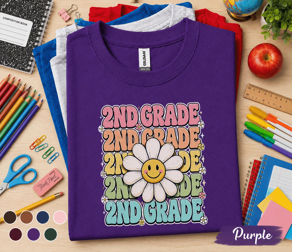 2nd Grade Daisy Shirt, Cute Second Grade Back to School Tee Girls, Teacher First Day of School Shirt, Retro Smiley Flower Student Gift