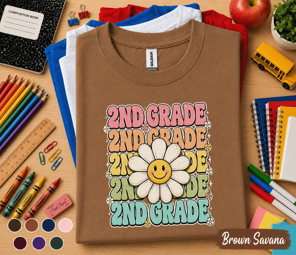 2nd Grade Daisy Shirt, Cute Second Grade Back to School Tee Girls, Teacher First Day of School Shirt, Retro Smiley Flower Student Gift