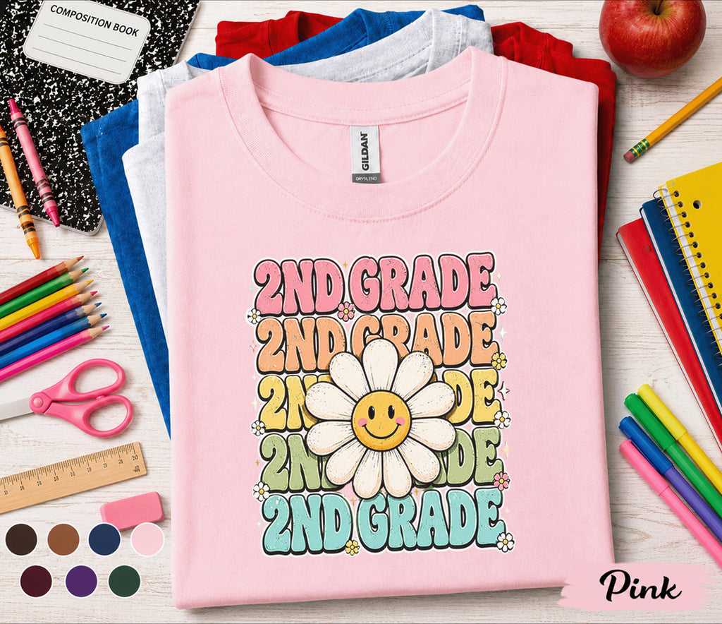 2nd Grade Daisy Shirt, Cute Second Grade Back to School Tee Girls, Teacher First Day of School Shirt, Retro Smiley Flower Student Gift
