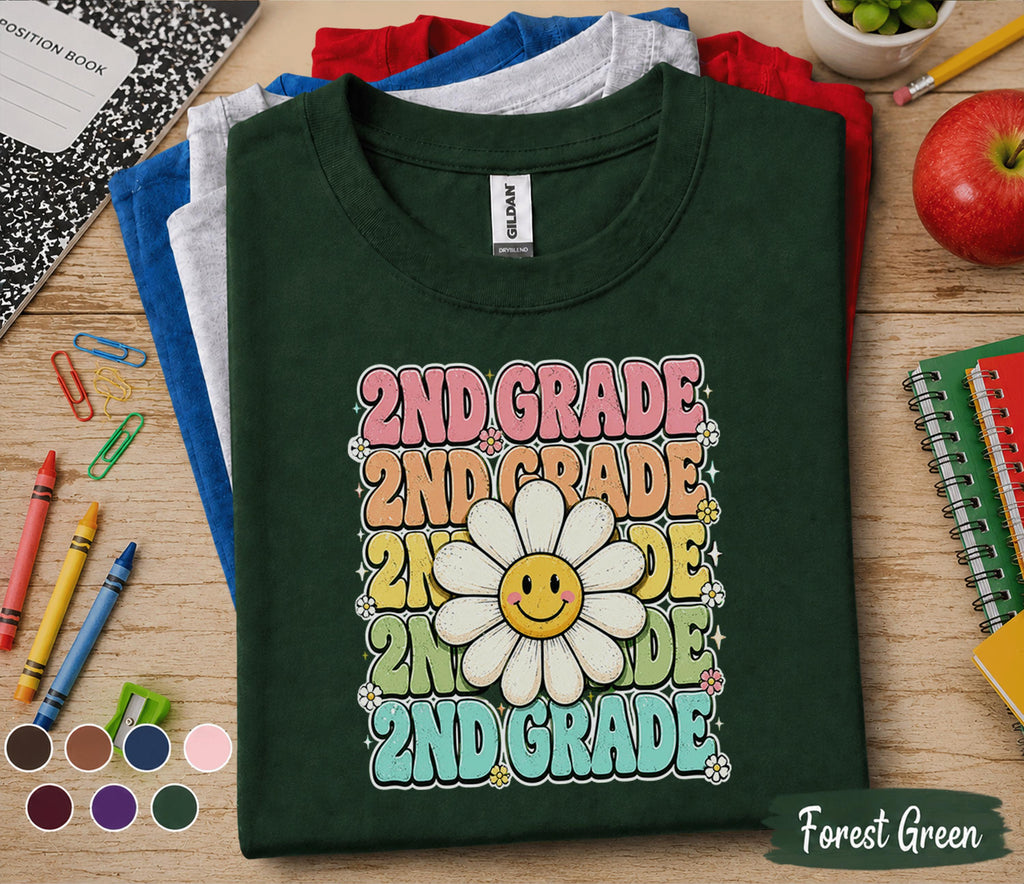 2nd Grade Daisy Shirt, Cute Second Grade Back to School Tee Girls, Teacher First Day of School Shirt, Retro Smiley Flower Student Gift