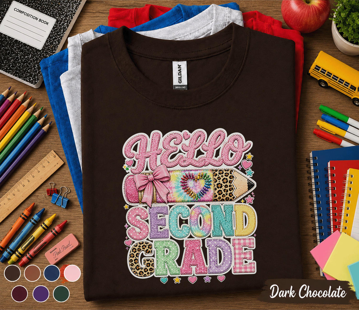 Hello Second Grade Shirt, Cute Coquette Back to School Tee, Teacher First Day of 2nd Grade Shirt, Girls Pencil Bow Student Outfit