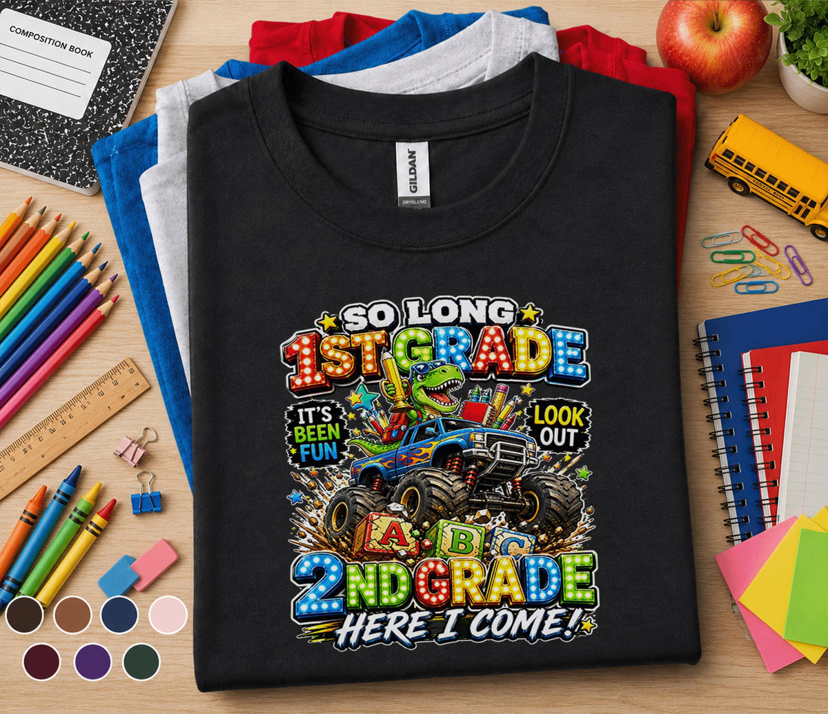 So Long 1st Grade Here I Come 2nd Grade Shirt Dinosaur Monster Truck Back to School Tee First Day of Second Grade Kid...
