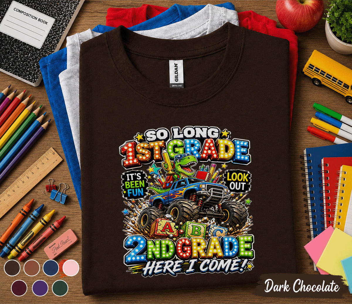 So Long 1st Grade Here I Come 2nd Grade Shirt Dinosaur Monster Truck Back to School Tee First Day of Second Grade Kids Student Gift