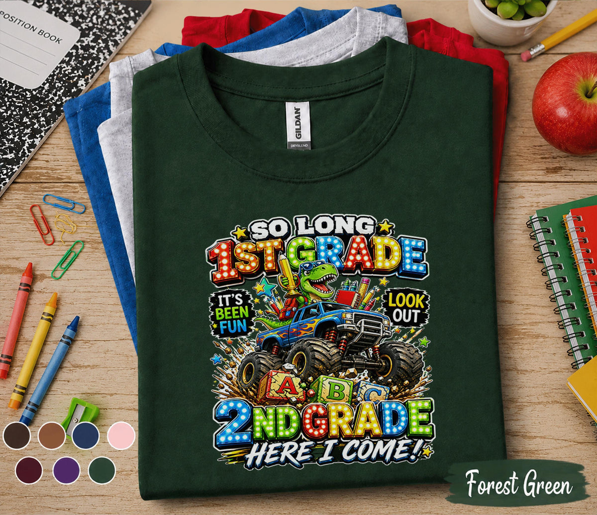 So Long 1st Grade Here I Come 2nd Grade Shirt Dinosaur Monster Truck Back to School Tee First Day of Second Grade Kids Student Gift